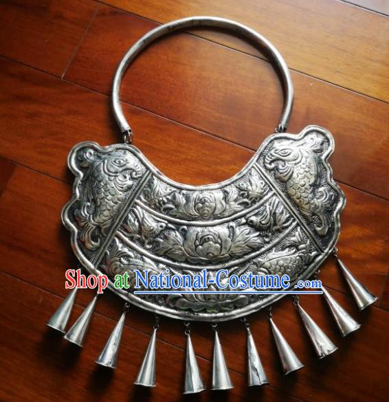 Chinese Miao Sliver Traditional Carving Necklace Hmong Ornaments Minority Longevity Lock Headwear for Women