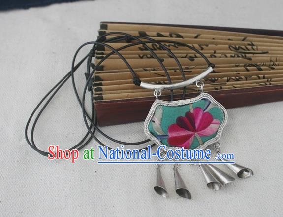 Chinese Miao Sliver Traditional Necklace Hmong Ornaments Minority Embroidered Green Longevity Lock Headwear for Women