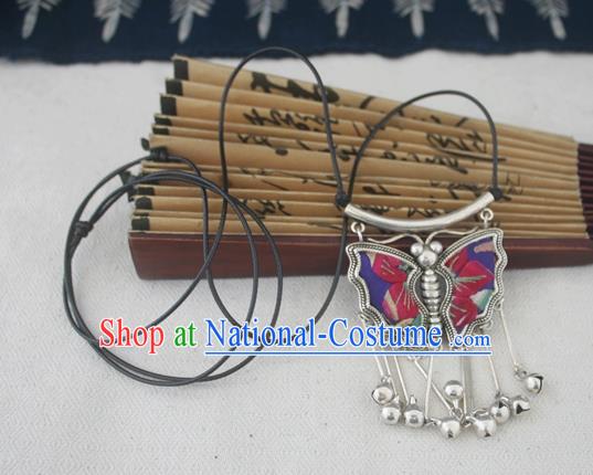 Chinese Miao Sliver Traditional Butterfly Necklace Hmong Ornaments Minority Embroidered Longevity Lock Headwear for Women