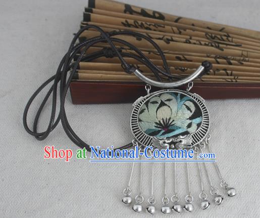 Chinese Miao Sliver Traditional Embroidered Necklace Hmong Ornaments Minority Bells Tassel Longevity Lock for Women