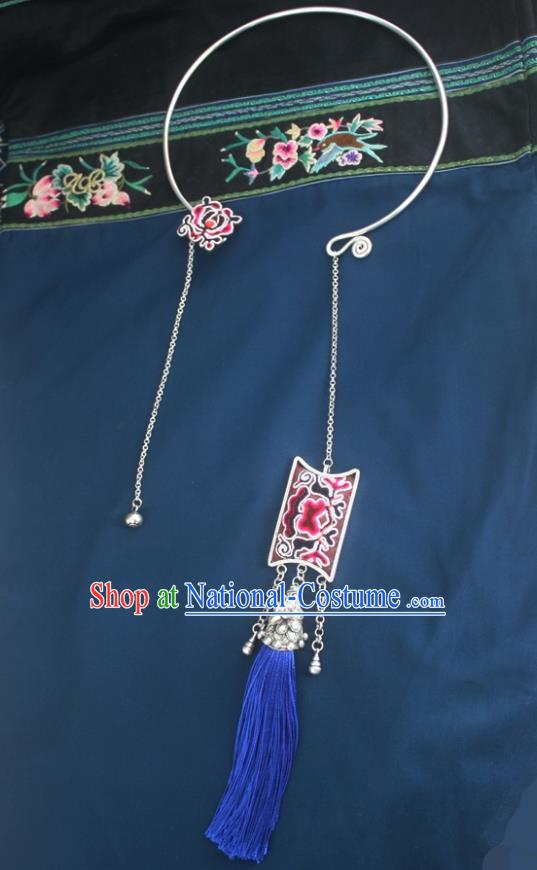 Chinese Traditional Miao Sliver Necklace Hmong Ornaments Minority Bells Tassel Longevity Lock for Women