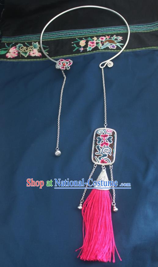 Chinese Traditional Miao Sliver Necklace Hmong Ornaments Minority Rosy Tassel Longevity Lock for Women