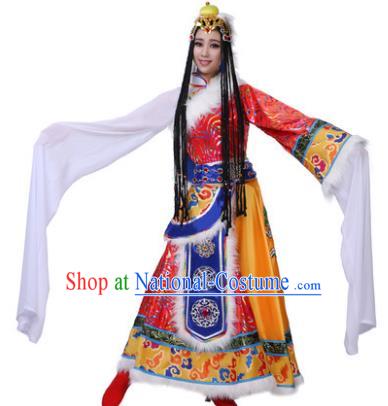 Traditional Chinese Zang Nationality Water Sleeve Dress, Tibetan Minority Folk Dance Ethnic Costume and Headpiece for Women