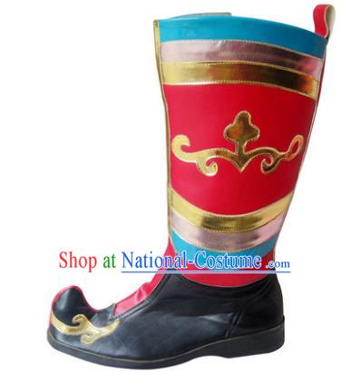 Chinese Traditional Uyghur Dance Shoes, Uigurian Minority Folk Dance Red Boots for Men