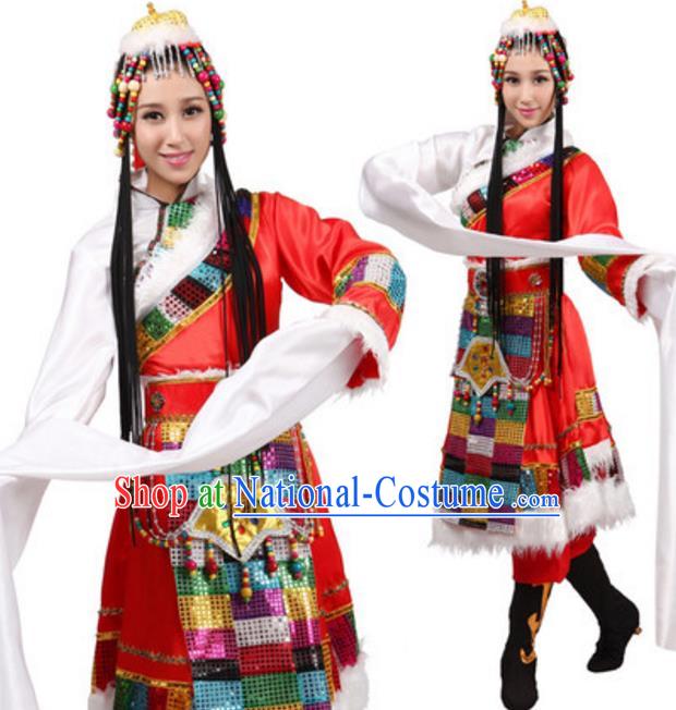 Traditional Chinese Zang Nationality Water Sleeve Dress, Tibetan Minority Folk Dance Ethnic Costume and Headwear for Women