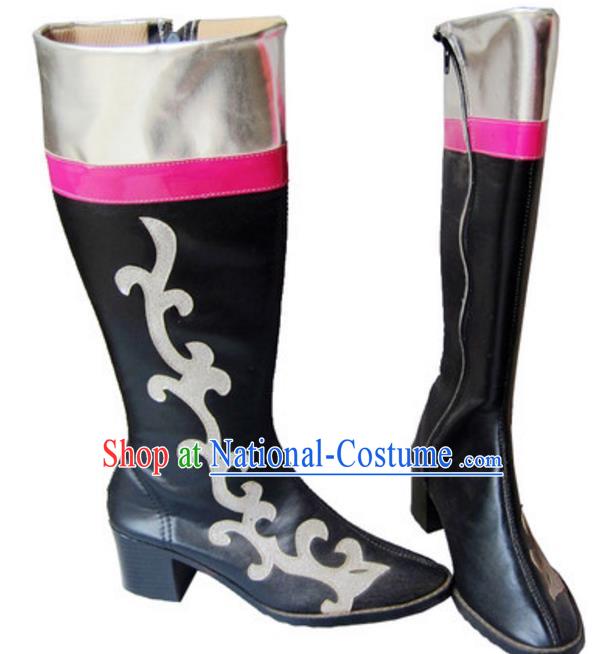 Chinese Traditional Mongol Dance Shoes, Uigurian Minority Folk Dance Black Boots for Women