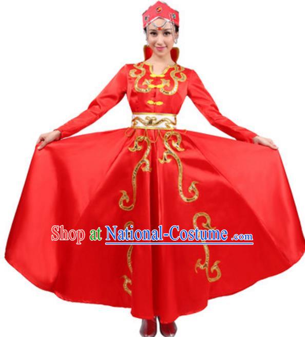 Traditional Chinese Mongolian Ethnic Dance Red Dress, China Mongols Minority Folk Dance Costume and Headwear for Women