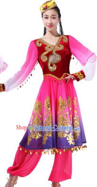 Traditional Chinese Uigurian Ethnic Dance Red Dress, China Uyghur Minority Folk Dance Costume and Headwear for Women