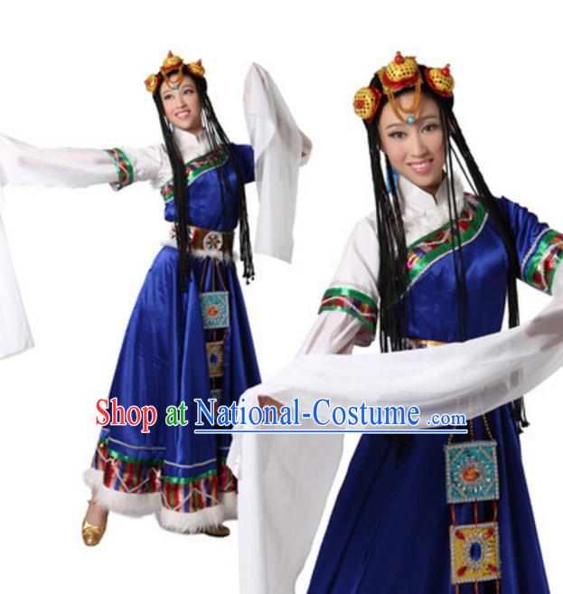 Traditional Chinese Zang Ethnic Dance Blue Dress, China Tibetan Minority Folk Dance Costume and Headwear for Women