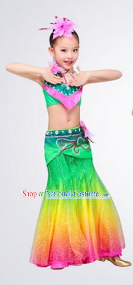 Traditional Chinese Dai Nationality Peacock Dance Costume, Chinese Ethnic Pavane Dance Clothing for Kids