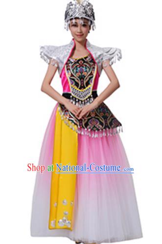 Traditional Chinese Miao Nationality Dance Pink Dress, China Hmong Minority Folk Dance Ethnic Costume and Headwear for Women