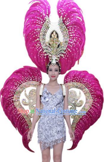 Top Grade Modern Samba Dance Props Stage Show Brazil Parade Giant Rosy Feather Wings and Headpiece for Women