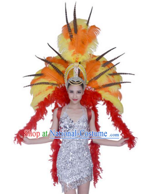 Top Grade Samba Dance Props Stage Show Brazil Parade Giant Yellow Ostrich Feather Wings and Headpiece for Women