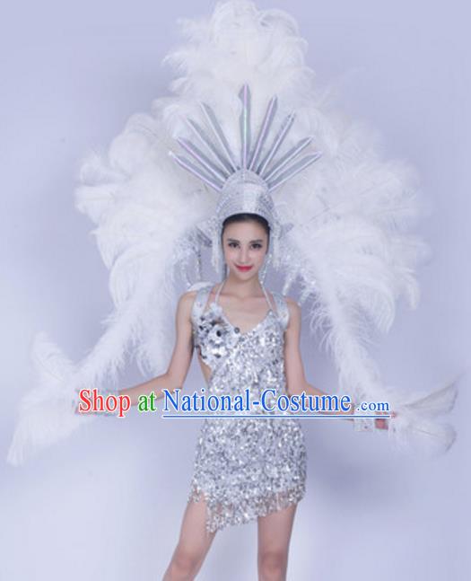 Top Grade Samba Dance Props Stage Show Brazil Parade Giant White Ostrich Feather Wings and Headpiece for Women