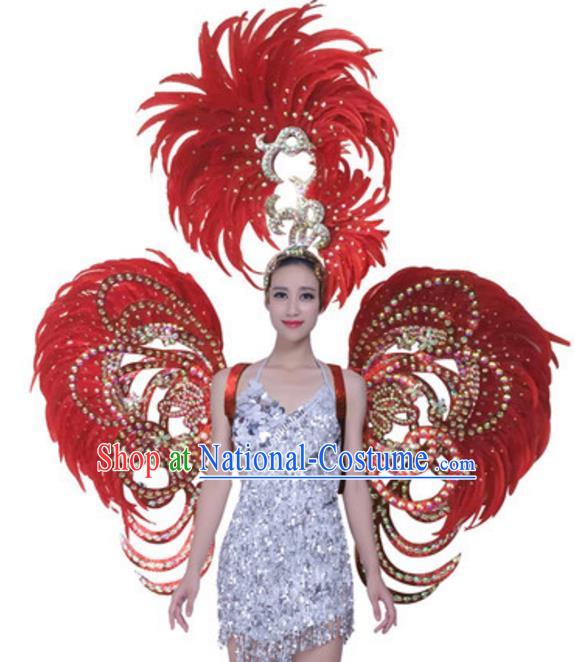 Top Grade Samba Dance Props Stage Show Brazil Parade Giant Red Feather Butterfly Wings and Headpiece for Women