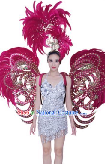 Top Grade Samba Dance Props Stage Show Brazil Parade Giant Rosy Feather Butterfly Wings and Headpiece for Women