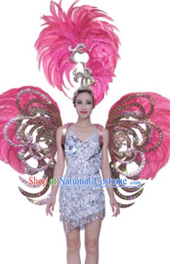 Top Grade Samba Dance Props Stage Show Brazil Parade Giant Pink Feather Butterfly Wings and Headpiece for Women