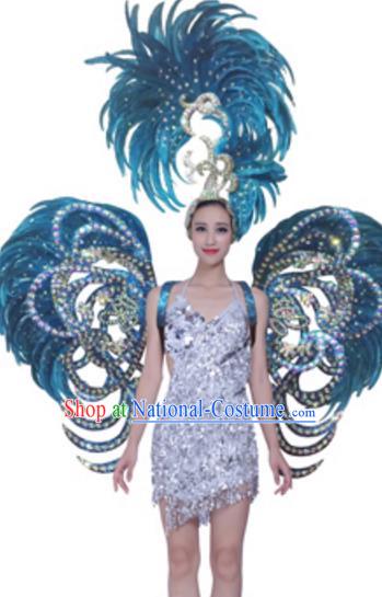 Top Grade Samba Dance Props Stage Show Brazil Parade Giant Blue Feather Butterfly Wings and Headpiece for Women