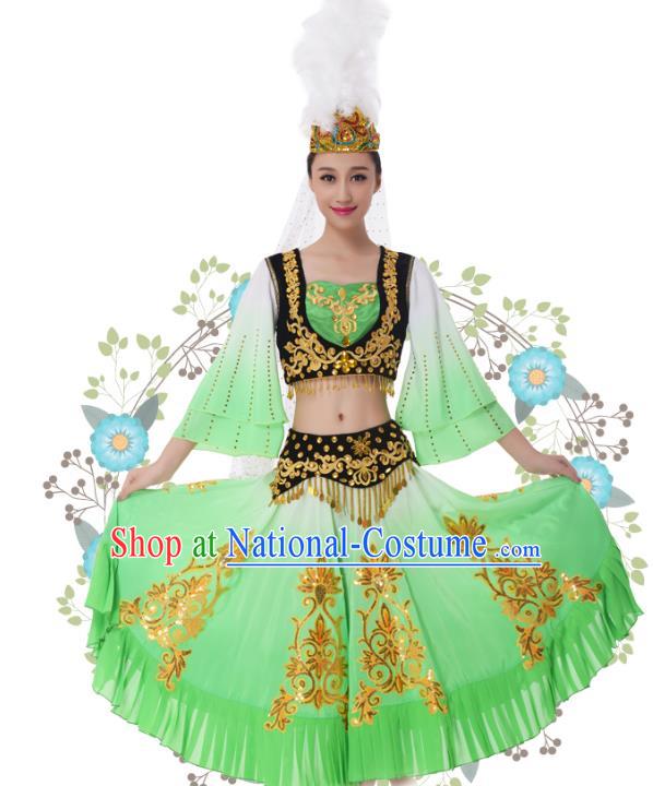 Traditional Chinese Uyghur Nationality Princess Green Dress, China Uigurian Minority Ethnic Dance Costume and Headwear for Women