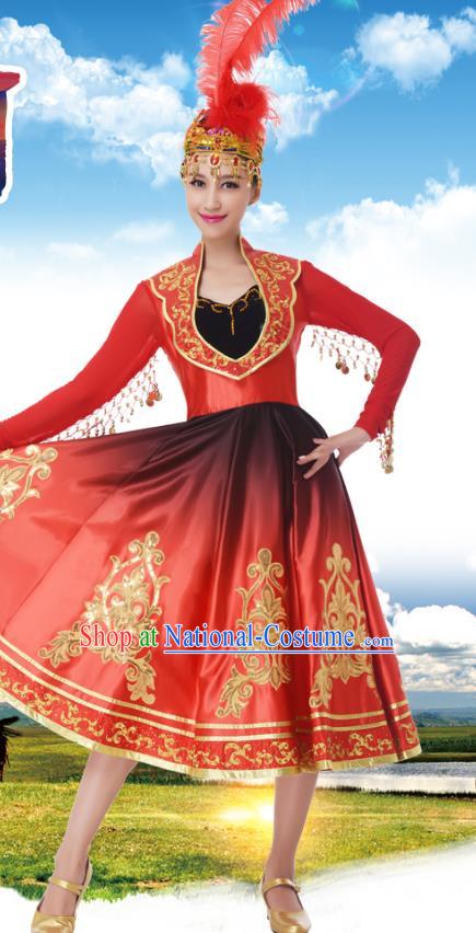 Traditional Chinese Uigurian Nationality Princess Red Dress, China Uyghur Minority Ethnic Dance Costume and Headwear for Women