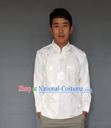 Chinese Traditional Zang Nationality Costume White Shirts, China Tibetan Ethnic Upper Outer Garment Clothing for Men