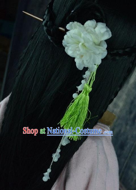 Chinese Traditional Ancient Hair Accessories Hanfu Peony Hairpins Green Tassel Hair Clip Headwear for Women