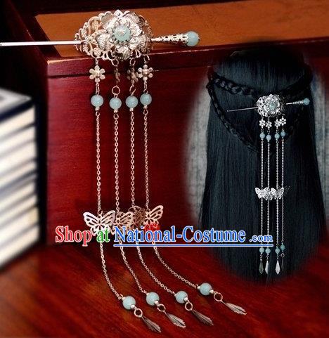 Chinese Traditional Ancient Hair Accessories Hanfu Butterfly Tassel Hairpins Blue Beads Hairdo Crown Headwear for Women