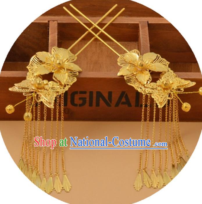 Chinese Traditional Ancient Hair Accessories Hanfu Golden Flowers Butterfly Hairpins Tassel Hair Clip Headwear for Women