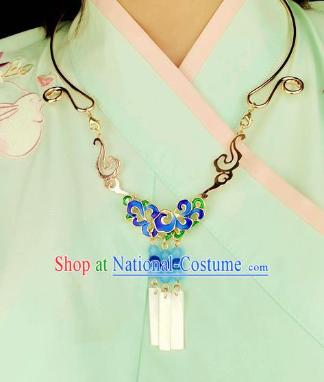 Chinese Traditional Ancient Longevity Lock Accessories Hanfu Blueing Lotus Golden Necklace for Women