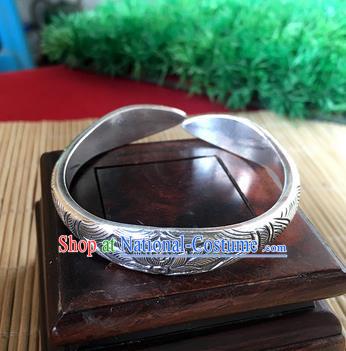 Handmade Chinese Miao Nationality Carving Lotus Sliver Bracelet Traditional Hmong Bangle for Women