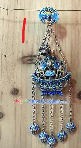 Handmade Chinese Miao Nationality Sachet Waist Accessories Sliver Hmong Blueing Pendant for Women