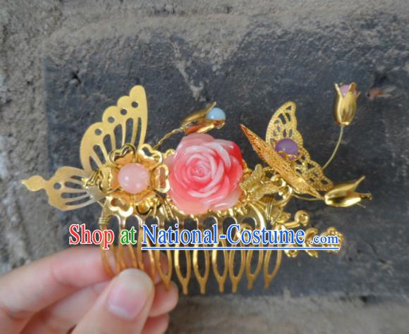 Chinese Traditional Hair Accessories Ancient Bride Hairpins Pink Peony Hair Comb for Women