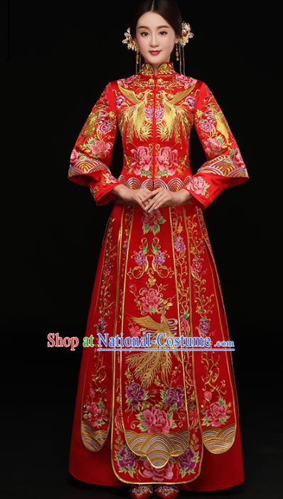 Chinese Traditional Wedding Costumes Top Grade Longfeng Flown Bride Embroidered Phoenix Trailing Xiuhe Suits for Women