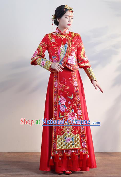 Chinese Traditional Wedding Costumes Longfeng Flown Bride Embroidered Phoenix Red Xiuhe Suits for Women