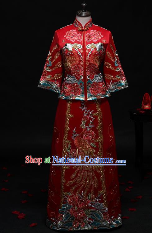 Chinese Traditional Embroidered Phoenix Wedding Costumes Ancient Diamante Longfeng Flown Bride Xiuhe Suits for Women