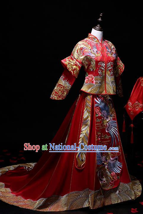 Chinese Traditional Embroidered Phoenix Wedding Costumes Ancient Trailing Longfeng Flown Bride Xiuhe Suits for Women