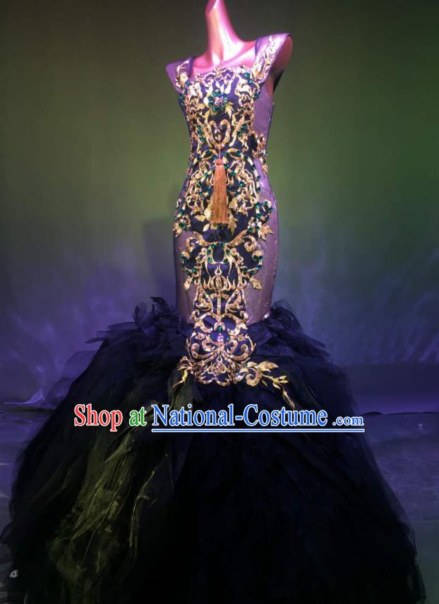 Top Grade Stage Performance Compere Costume Models Catwalks Black Veil Mermaid Full Dress for Women