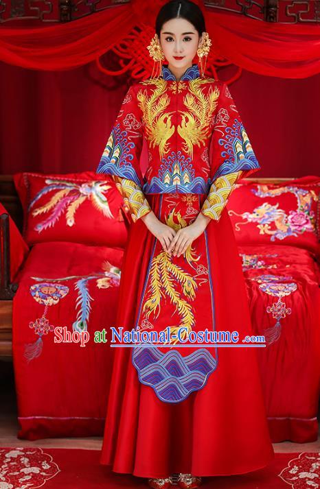 Chinese Traditional Wedding Costumes Top Grade Longfeng Flown Bride Embroidered Phoenix Xiuhe Suits for Women