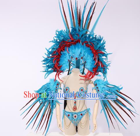 Top Grade Stage Performance Clothing Models Show Brazilian Rio Carnival Samba Dance Blue Feather Costume and Headwear for Women