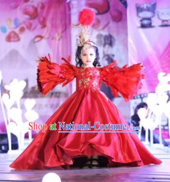 Children Models Show Costume Stage Performance Catwalks Compere Red Feather Mullet Dress for Kids