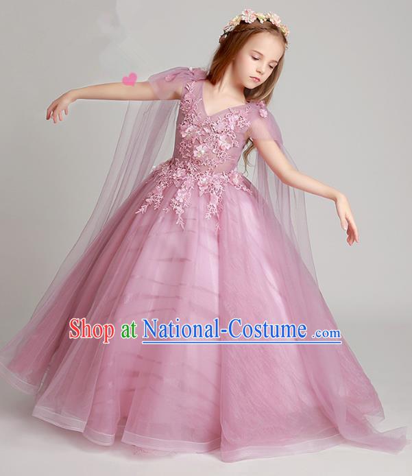 Top Grade Children Catwalks Costume Modern Dance Stage Performance Flower Fairy Princess Pink Dress for Kids