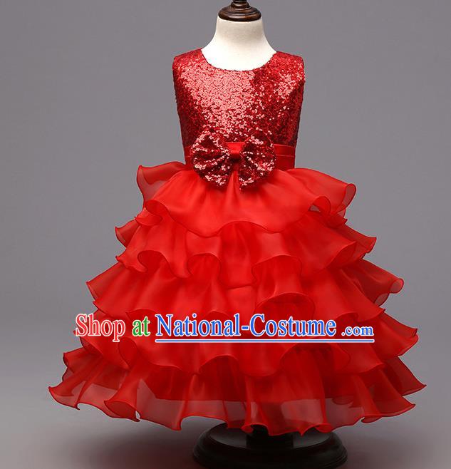 Top Grade Children Catwalks Costume Modern Dance Stage Performance Compere Red Sequins Dress for Kids