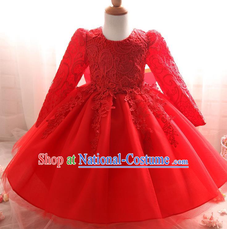 Top Grade Children Catwalks Costume Modern Dance Stage Performance Compere Red Lace Dress for Kids