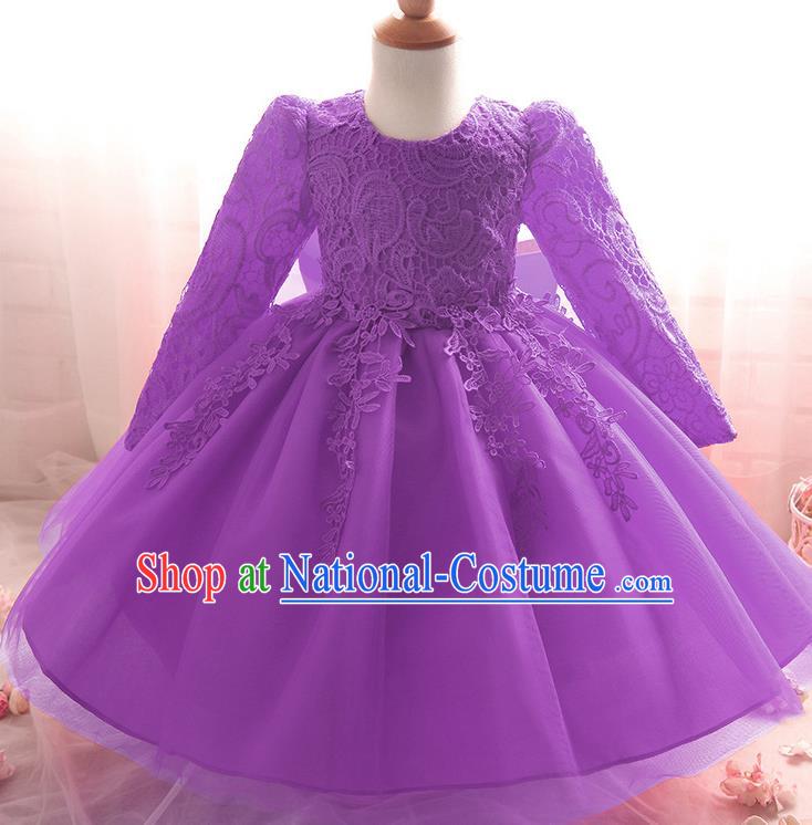 Top Grade Children Catwalks Costume Modern Dance Stage Performance Compere Purple Lace Dress for Kids