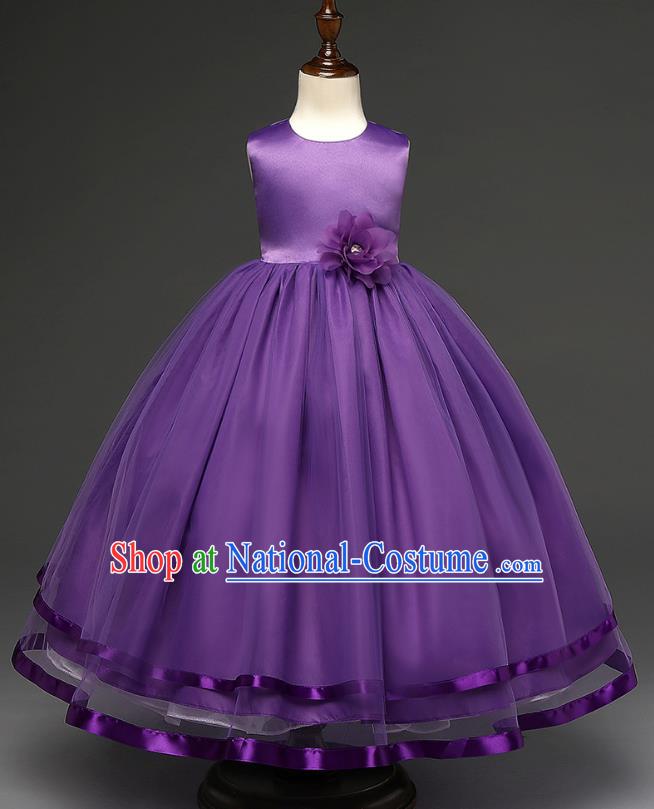 Top Grade Children Catwalks Costume Modern Dance Stage Performance Compere Purple Full Dress for Kids