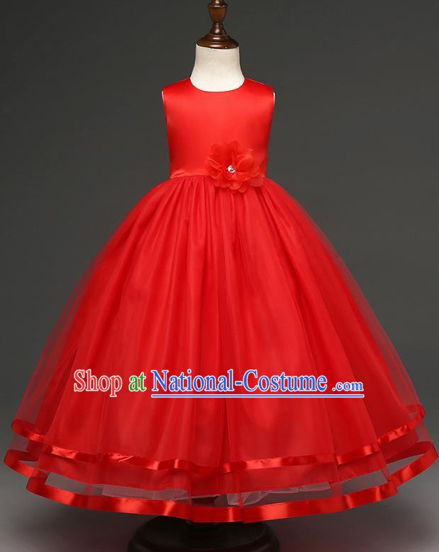 Top Grade Children Catwalks Costume Modern Dance Stage Performance Compere Red Full Dress for Kids