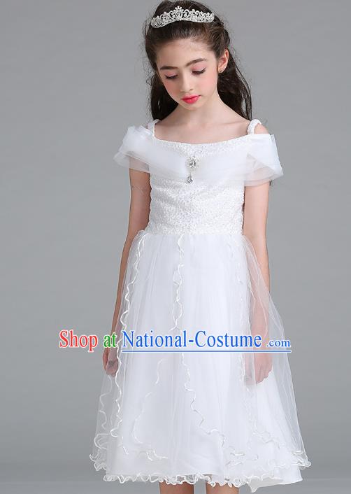 Children Models Show Compere Costume Stage Performance Catwalks White Full Dress for Kids