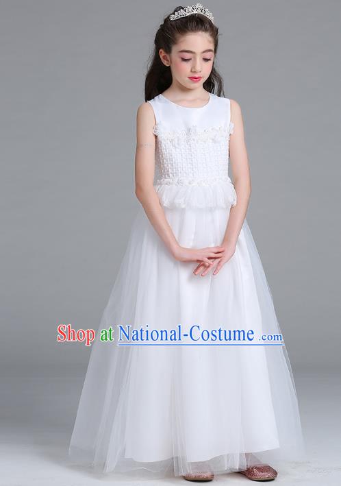 Children Models Show Compere Costume Girls Princess White Veil Dress Stage Performance Clothing for Kids