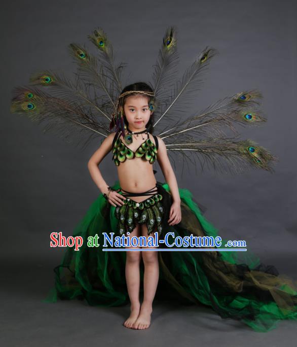 Children Models Show Costume Catwalks Stage Performance Peacock Trailing Dress and Headwear for Kids