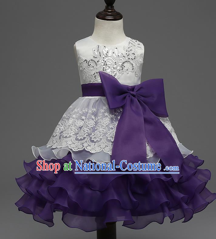 Children Flower Fairy Costume Modern Dance Stage Performance Catwalks Compere Purple Full Dress for Kids